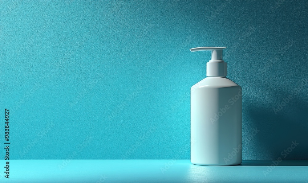 Minimal Wellness: A white pump bottle stands on a blue backdrop, promising cleanliness and care. Minimal Wellness: A white pump bottle stands on a blue backdrop, promising cleanliness and care.
