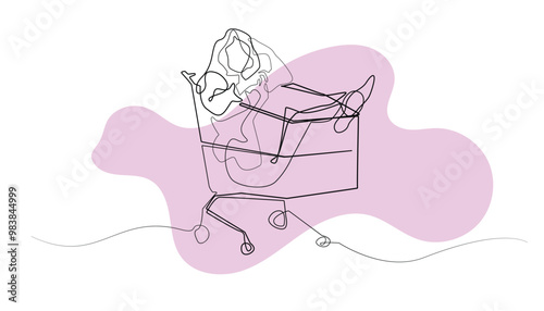 line art drawing of woman sitting in shopping trolley.vector one line drawing of woman getting into shopping trolley.isolated white background