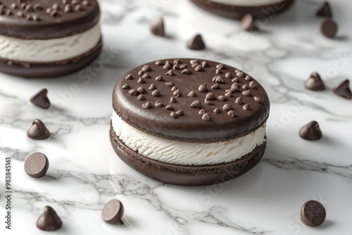 Chocolate-Covered Ice Cream Sandwich with Chocolate Chips on Marble Surface photo