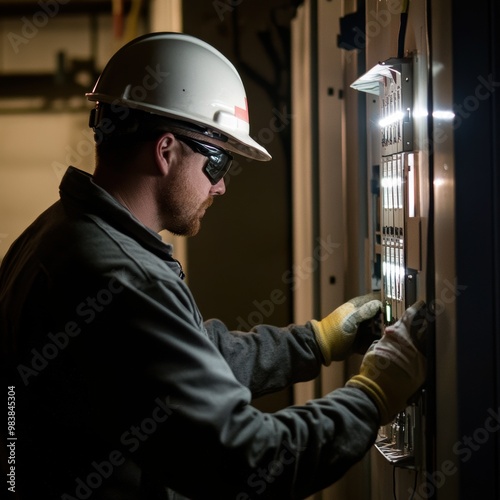 Industrial Expertise: An electrician focused on his task, working on an electrical panel in a dimly lit industrial setting. 