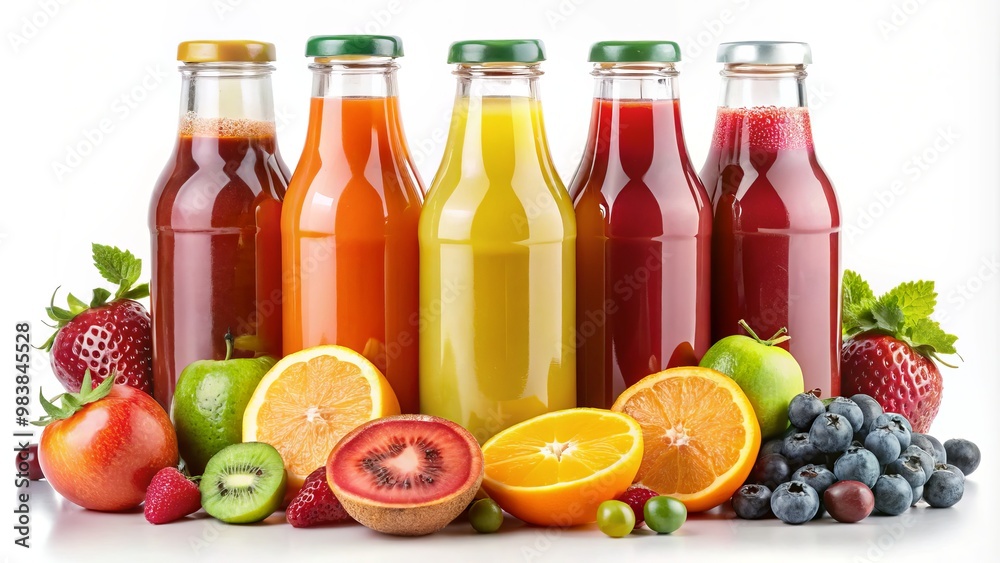 -A splash of color on a blank canvas, a bottle of fresh fruit juice stands out against a -A splash of color on a blank canvas, a bottle of fresh fruit juice stands out against a