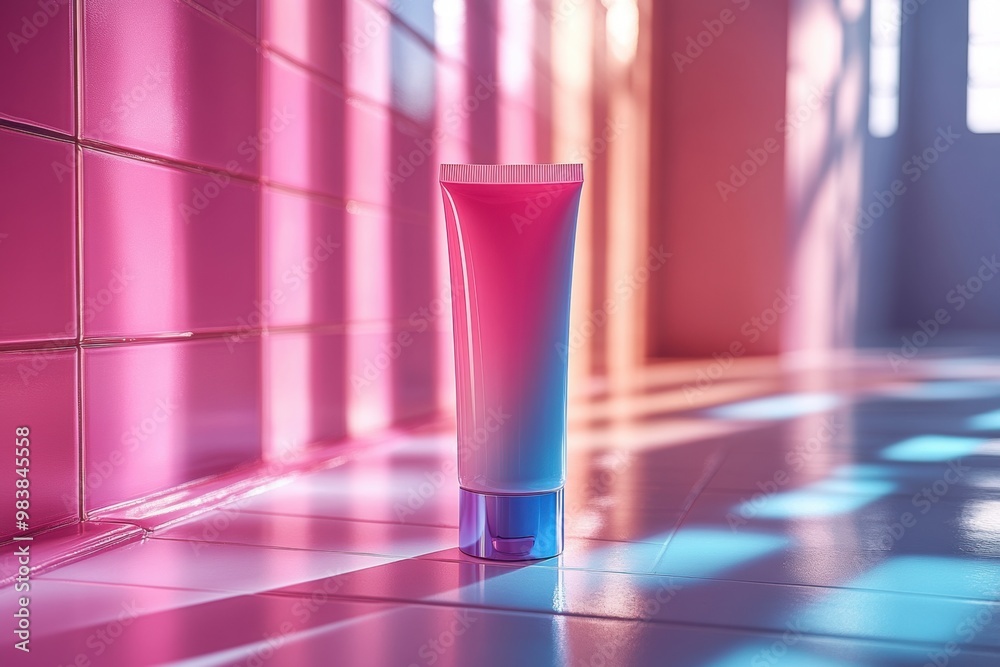 Pink and Blue Glow: Minimalist product photography of a white and blue tube of cosmetic cream, bathed in a vibrant pink and blue neon light, against a tiled bathroom background. Pink and Blue Glow: Minimalist product photography of a white and blue tube of cosmetic cream, bathed in a vibrant pink and blue neon light, against a tiled bathroom background.