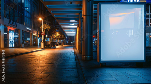 Prominent blank white advertisement board near the main entrance of a busy shopping center