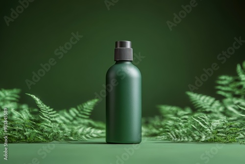 Green Beauty Product Mockup: A sleek, green cosmetic bottle stands out against a vibrant green background, flanked by lush ferns, evoking natural, organic, and eco-friendly qualities. This minimalist 
