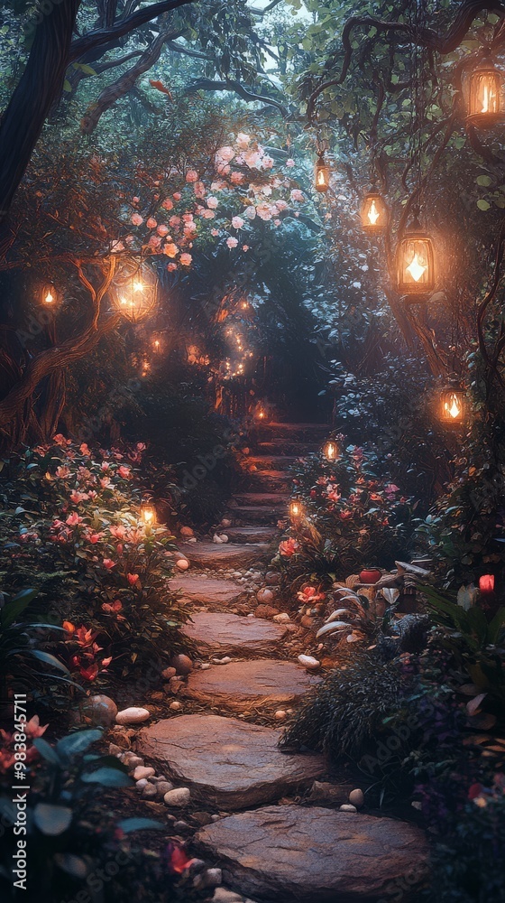 Fototapeta premium A enchanting pathway meanders through a vibrant garden glowing softly with lanterns
