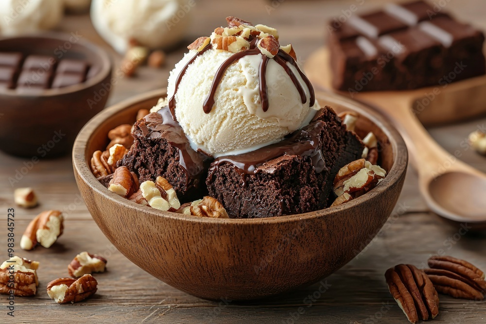 Chocolate Brownies with Vanilla Ice Cream, Chocolate Sauce, and Pecans Chocolate Brownies with Vanilla Ice Cream, Chocolate Sauce, and Pecans
