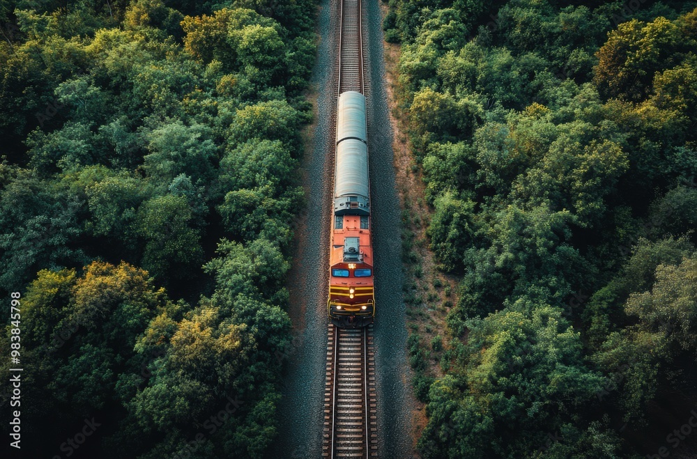 Fototapeta premium Train Journey Through Lush Forest: An aerial view of a train cutting through a dense forest, highlighting the contrast between nature and industry. This captivating image captures the essence of trave
