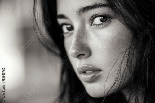 Jaw-dropped expression of a woman, high-key portrait style