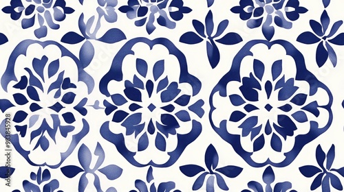 White Floral Batik Print with Quatrefoil Motif Arabesque Endless Floor Design Ornate Seamless Patterns Geometric Ikat Ornament Blue Ethnic Floor Textures Bohemian Uzbek Geometric Patterns