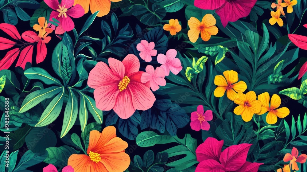 Vibrant Floral Pattern Large Exotic Seamless Print on a Dark Background Tropical Summer Aquarelle Design with Endless Jungle Elements Striking Floral Motif Vibrant Floral Pattern Large Exotic Seamless Print on a Dark Background Tropical Summer Aquarelle Design with Endless Jungle Elements Striking Floral Motif