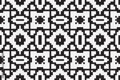 Vector monochrome ornamental pattern in ethnic style. Traditional folk motif. Abstract geometric seamless texture with floral shapes, grid,