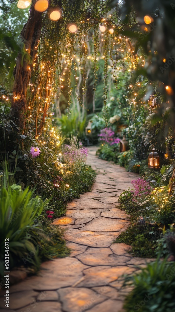 Fototapeta premium A charming garden path lit by fairy lights bordered by vibrant flowers and greenery
