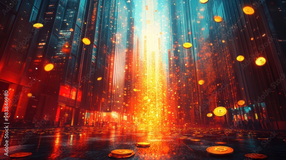 Neon City Downpour: A futuristic metropolis ablaze with vibrant colors as glowing orbs cascade through a rain-soaked cityscape. Neon City Downpour: A futuristic metropolis ablaze with vibrant colors as glowing orbs cascade through a rain-soaked cityscape.