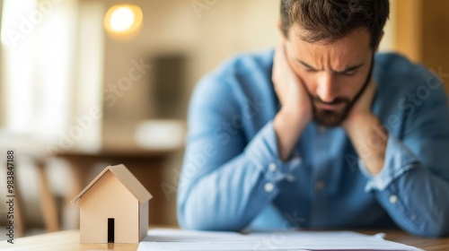 Man receiving a foreclosure notice. Stress of the housing debt crisis and the real estate downturn. Financial hardship, mortgage struggles, and the consequences of falling behind on payments. photo