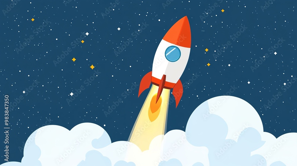 A dynamic depiction of a rocket launching into the sky, showcasing the powerful propulsion and vibrant flames. The rocket is designed with sleek lines and bold colors, 