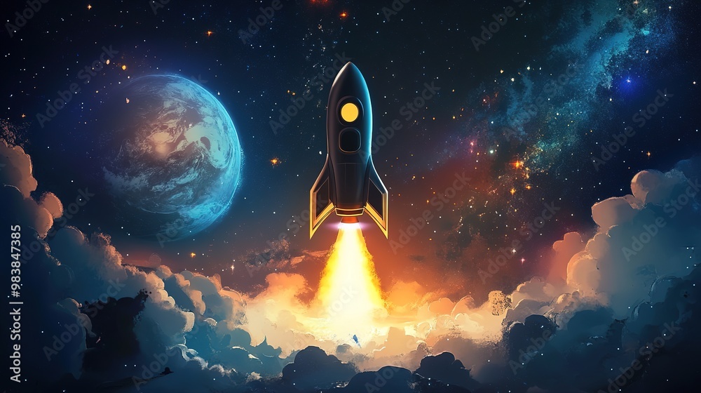 A dynamic depiction of a rocket launching into the sky, showcasing the powerful propulsion and vibrant flames. The rocket is designed with sleek lines and bold colors, A dynamic depiction of a rocket launching into the sky, showcasing the powerful propulsion and vibrant flames. The rocket is designed with sleek lines and bold colors,
