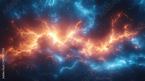 Cosmic Clash: Fiery Orange and Electric Blue Lightning Dance in a Dramatic Abstract Background - Perfect for Energy, Technology, and Power Themes. 