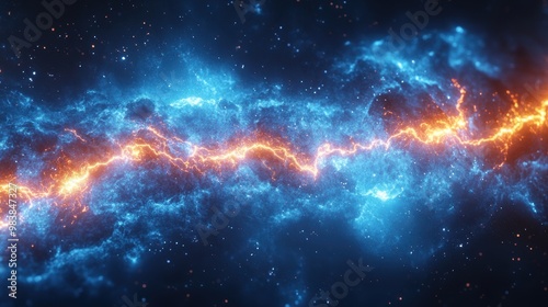 Cosmic Clash: A fiery rift of energy tears through a celestial canvas, illuminating the vast expanse of space with a vibrant clash of blue and orange.