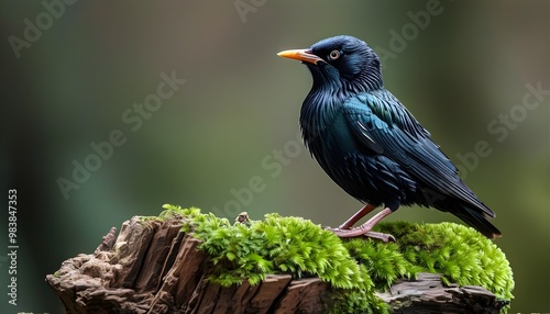 Common starling resting elegantly on a lush, moss-covered log in its natural habitat