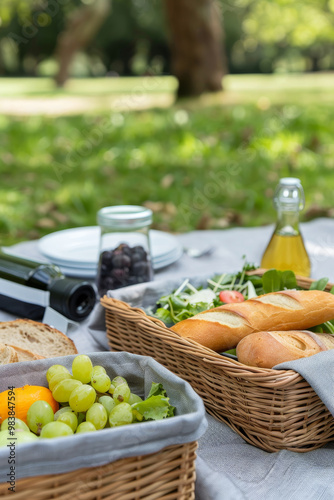 Eco-friendly picnic with biodegradable packaging. Sustainable outdoor dining. Zero-waste food container in nature. Green picnic strategy for waste reduction. Environmentally conscious al fresco meal.