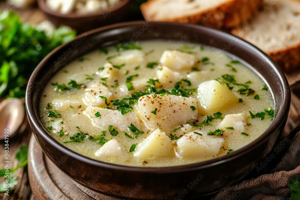 Creamy Fish Soup with Potatoes and Parsley in a Brown Bowl Creamy Fish Soup with Potatoes and Parsley in a Brown Bowl