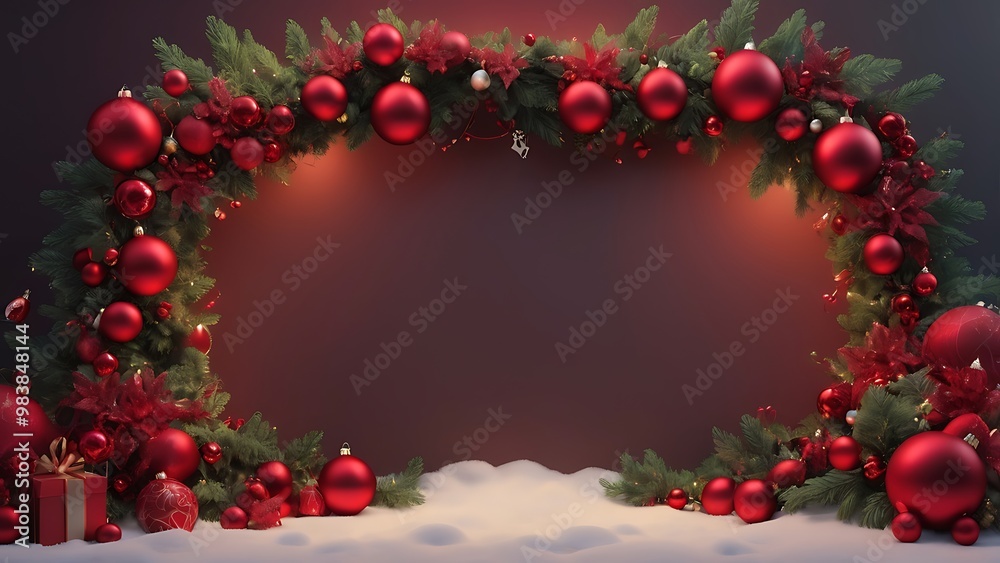 Red garland and ornaments make up this Christmas background Red garland and ornaments make up this Christmas background