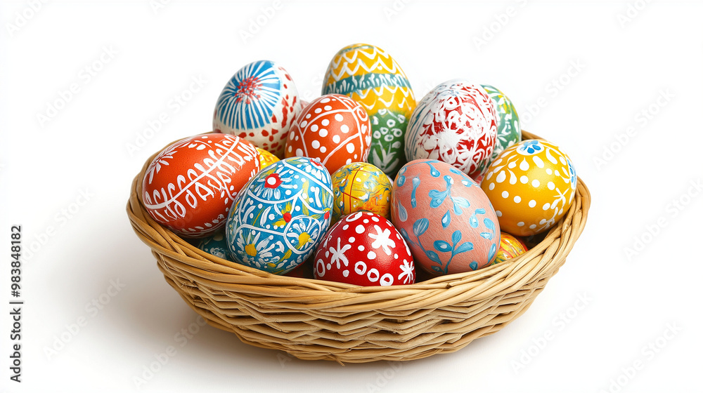 A collection of baskets and colorful eggs. A collection of baskets and colorful eggs.