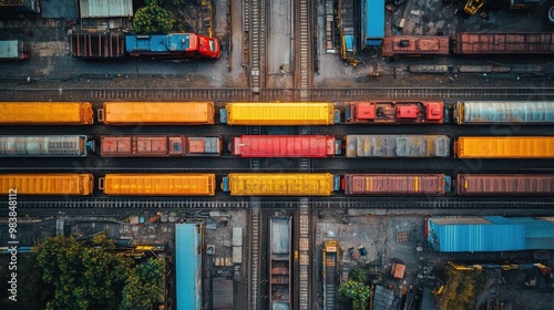 Colorful Cargo Crossroads: An aerial view of a bustling train yard, vibrant freight cars intersecting at a central junction, highlighting the complex network of global logistics. 