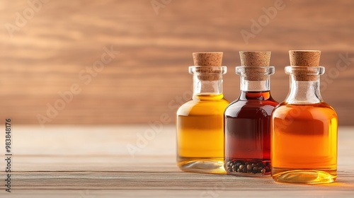 Artisan Oils on Rustic Wood: Three glass bottles filled with golden oils, their cork stoppers sealing in freshness and aroma, stand on a weathered wooden table against a warm, inviting backdrop. 