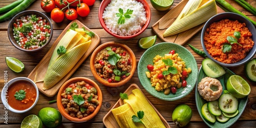 Wallpaper Mural A vibrant spread of sides accents the delicious tamales, featuring refried beans, rice, avocado, lime wedges, salsa, Torontodigital.ca