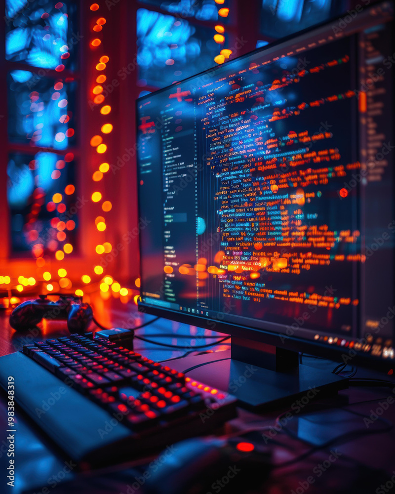 A computer monitor displays lines of code, with a keyboard and mouse in the foreground. AI. A computer monitor displays lines of code, with a keyboard and mouse in the foreground. AI.