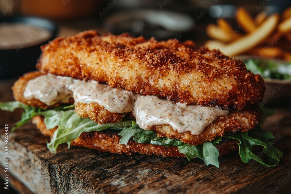 Crispy Fried Fish Sandwich with Creamy Sauce and Lettuce