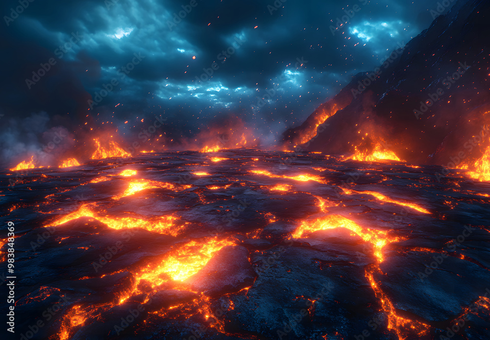 Glowing Lava Rocks with Rays of Light - Volcanic Landscape and Heat Concept Glowing Lava Rocks with Rays of Light - Volcanic Landscape and Heat Concept