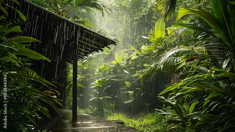 Rain dropping on the shelter in the tropical tranquil jungle