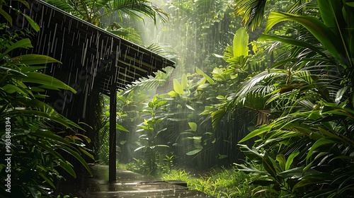 Obraz na płótnie Rain dropping on the shelter in the tropical tranquil jungle w salonie