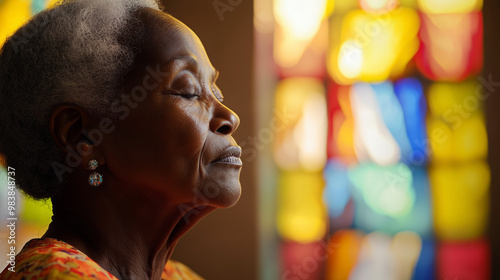 Elderly black woman praying in church