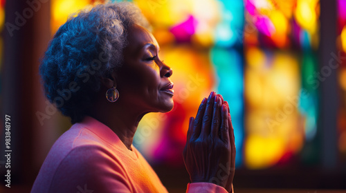 Elderly black woman praying in church