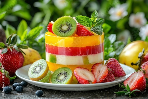 Layered Fruit Dessert with Kiwi, Strawberry, and Mint photo