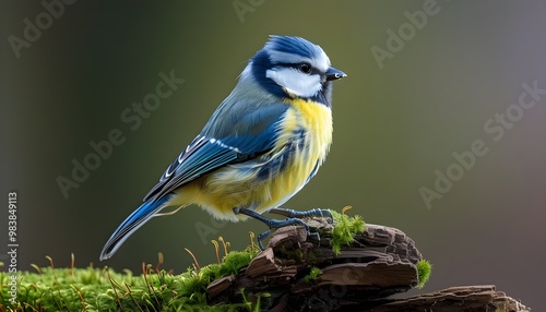 Blue tit perched gracefully on a moss-covered log amidst natures tranquility photo