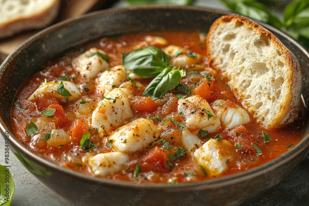 A bowl of tomato-based soup with fish, basil, and crusty bread A bowl of tomato-based soup with fish, basil, and crusty bread