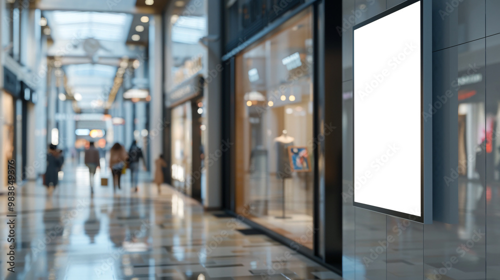 White mockup signboard on the wall of a bustling shopping center White mockup signboard on the wall of a bustling shopping center
