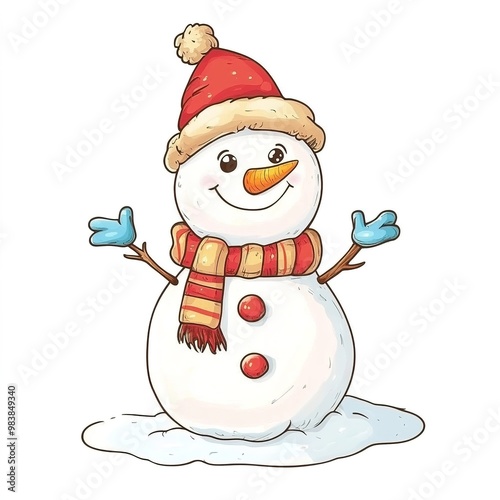 A cheerful cartoon snowman standing against a white background, adorned with a colorful scarf and a top hat. The snowman has a friendly smile, with coal eyes and a carrot nose, 