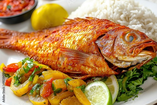 Fried Red Snapper with Rice, Peppers, and Lemon photo