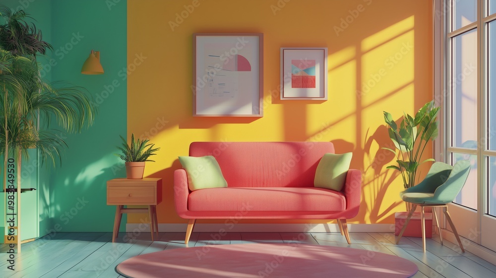 Bright living space with coral sofa, green cushions, vibrant walls, framed art, and lush plants. AI generated Bright living space with coral sofa, green cushions, vibrant walls, framed art, and lush plants. AI generated