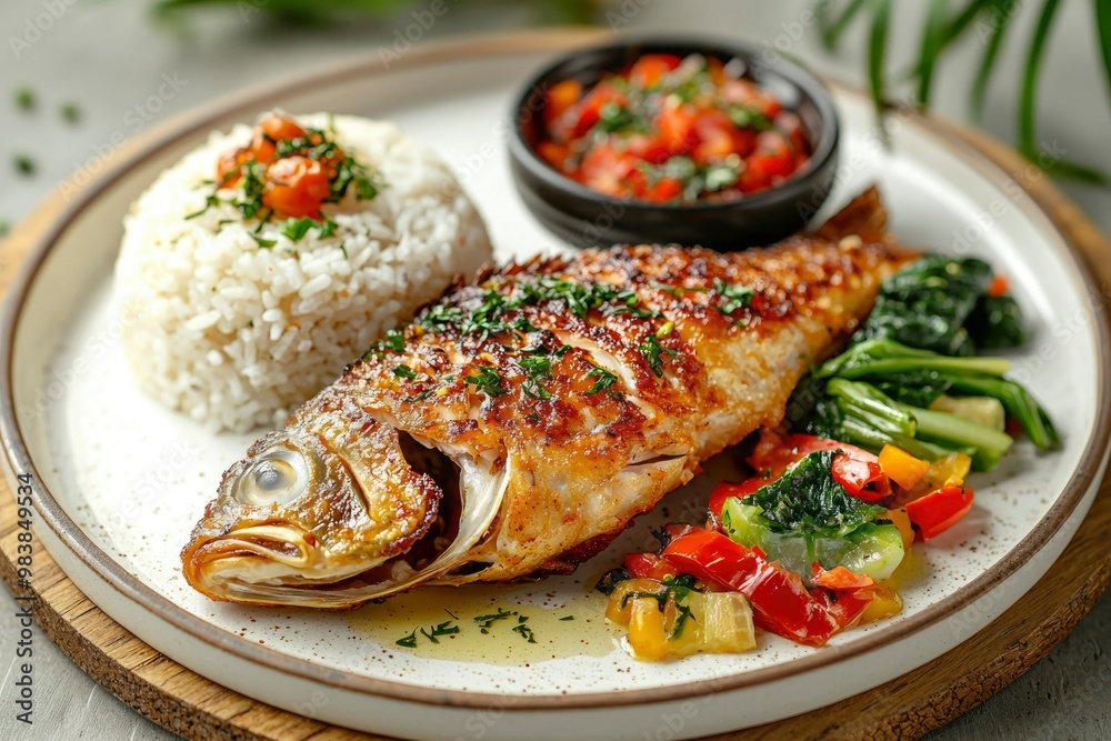 Grilled Fish with Rice, Saut?ed Vegetables and Salsa Grilled Fish with Rice, Saut?ed Vegetables and Salsa