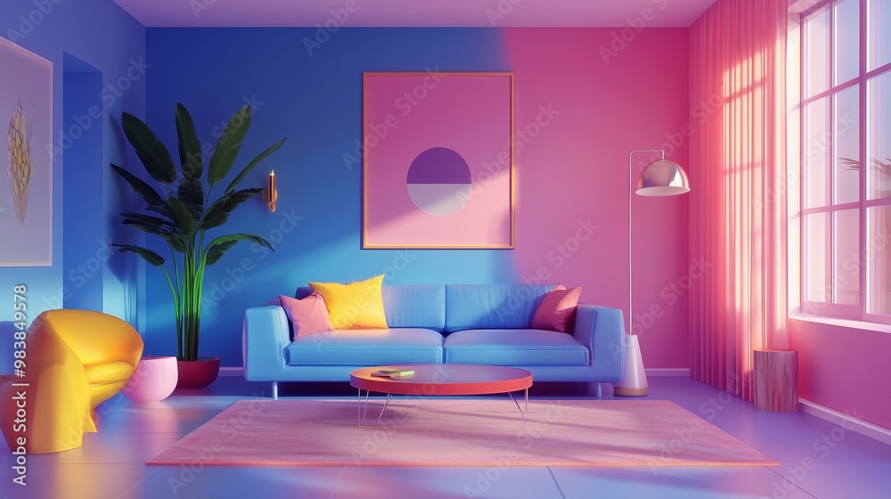 Living room with blue sofa, colorful cushions, tropical plants, and natural light. AI generated Living room with blue sofa, colorful cushions, tropical plants, and natural light. AI generated