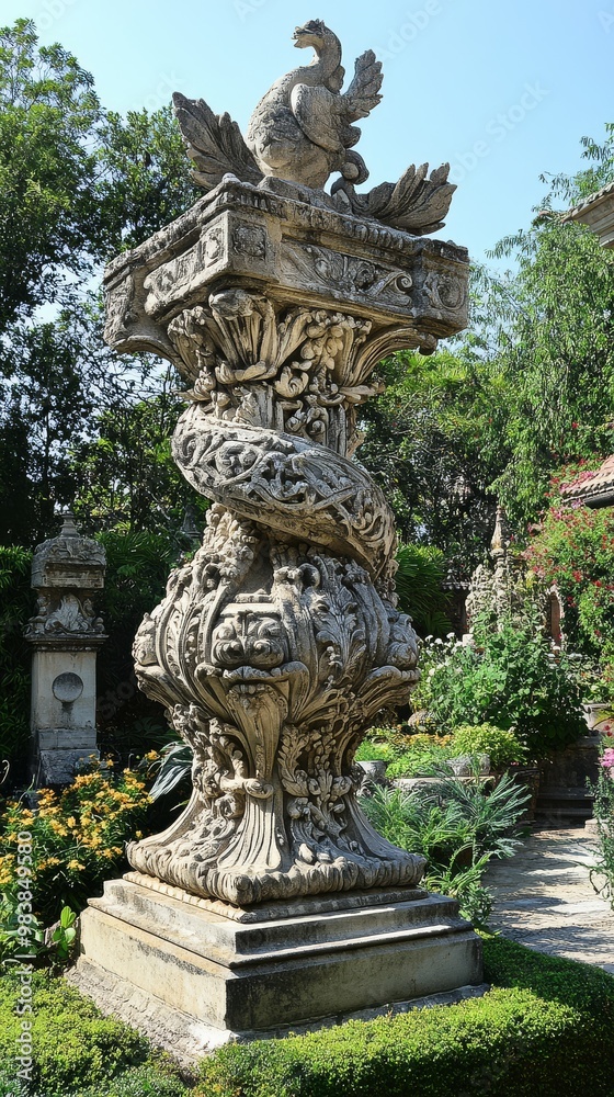 A beautiful garden features a detailed stone pedestal amid lush greenery A beautiful garden features a detailed stone pedestal amid lush greenery