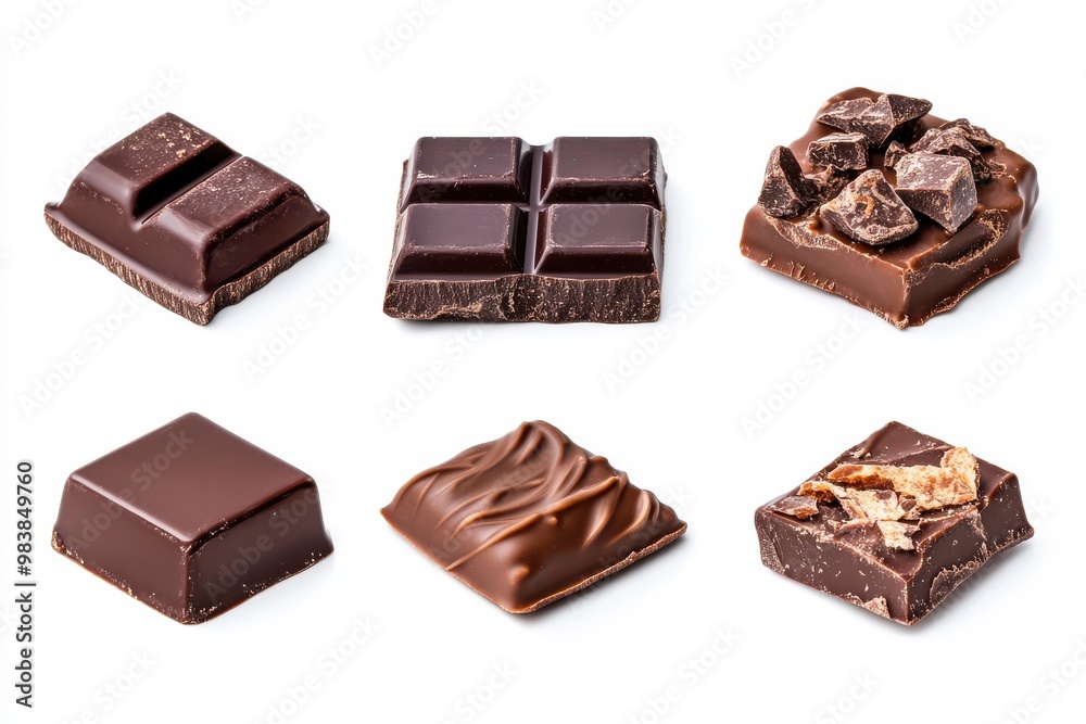 Set of Dark chocolate blocks and bieces isolated in white background Set of Dark chocolate blocks and bieces isolated in white background