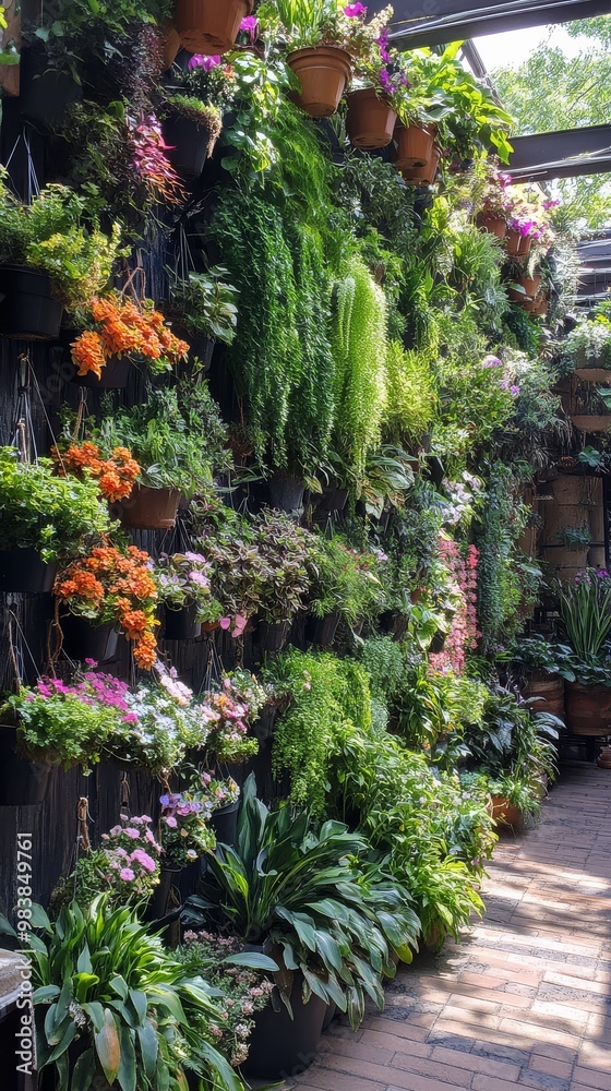 Lush greenery and vibrant blooms create a tranquil urban retreat with vertical gardens Lush greenery and vibrant blooms create a tranquil urban retreat with vertical gardens