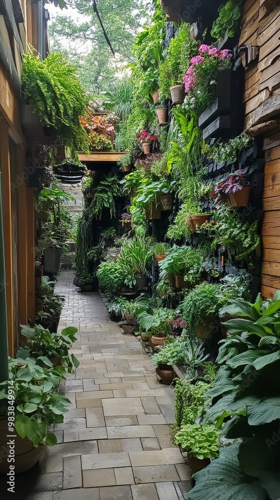 A tranquil walkway adorned with lush vertical gardens creates a peaceful urban retreat